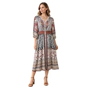 Khaadi Boho Paisley Print Midi Dress V Neck Smocked Waist SZ small